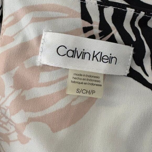 Calvin Klein Floral Blouse Size Small White Black Pink Pleated Neck - Picture 6 of 7